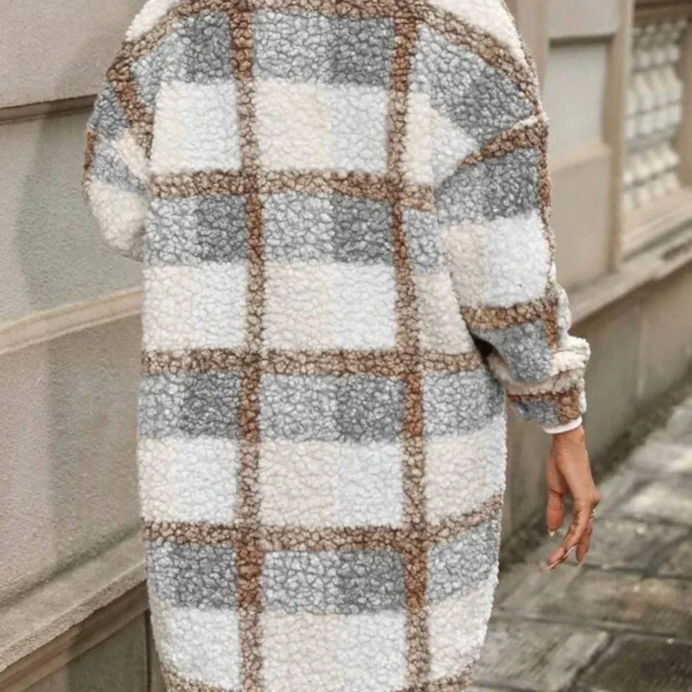 ❤️ SALE Women’s Long Plaid Teddy Jacket Womens Shacket Plaid Jacket - Picture 4 of 7